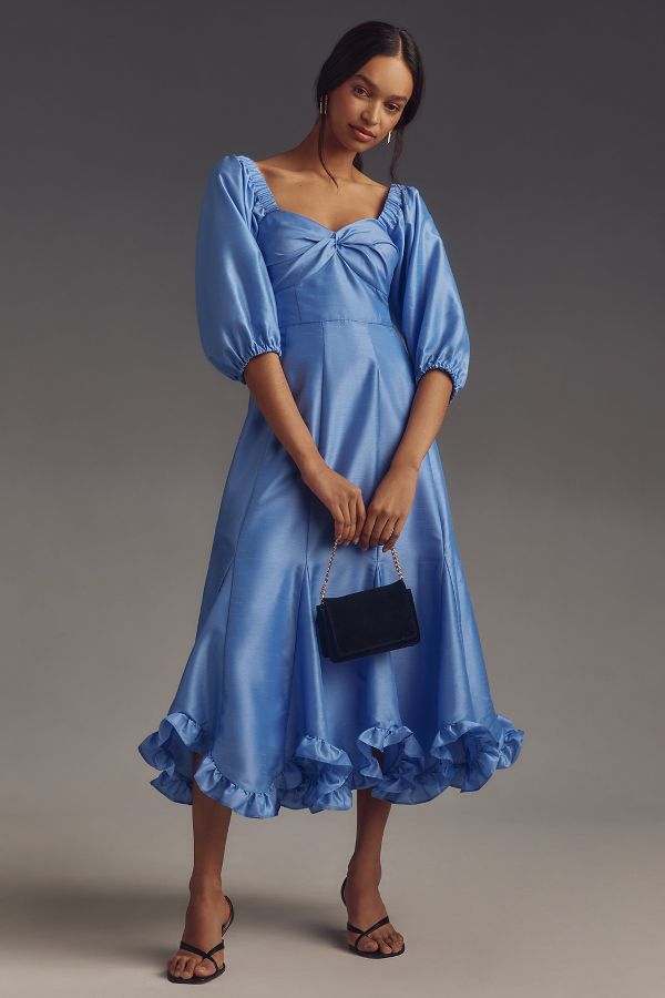 Slide View: 1: Hutch Printed Twist-Front Puff-Sleeve Ruffle-Hem Midi Dress