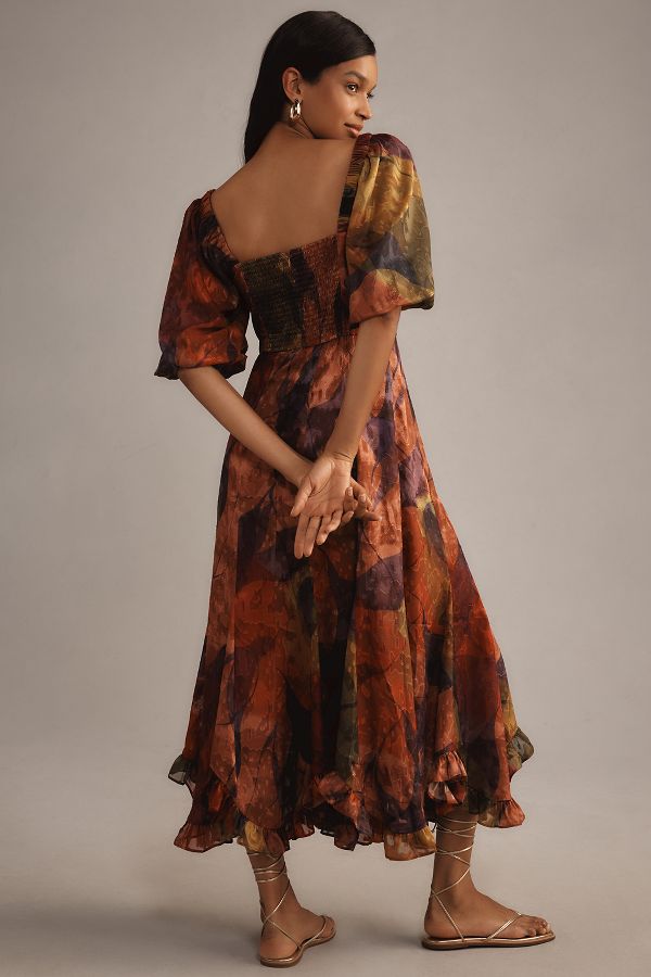 Slide View: 2: Hutch Printed Twist-Front Puff-Sleeve Ruffle-Hem Midi Dress