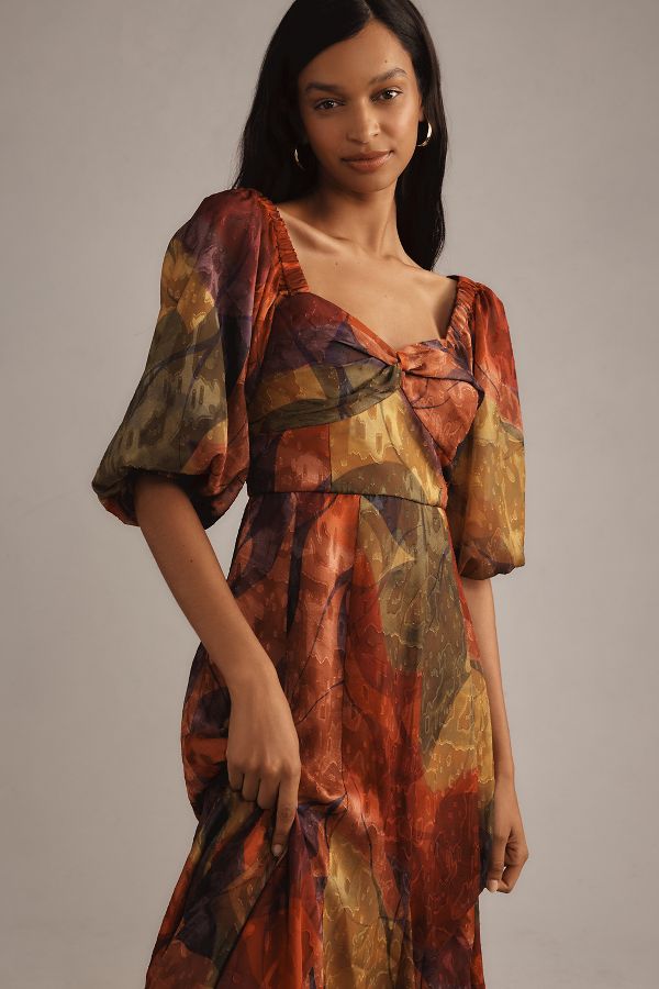 Slide View: 3: Hutch Printed Twist-Front Puff-Sleeve Ruffle-Hem Midi Dress