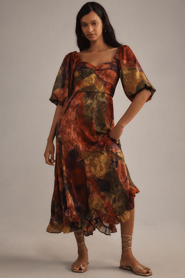 Slide View: 1: Hutch Printed Twist-Front Puff-Sleeve Ruffle-Hem Midi Dress