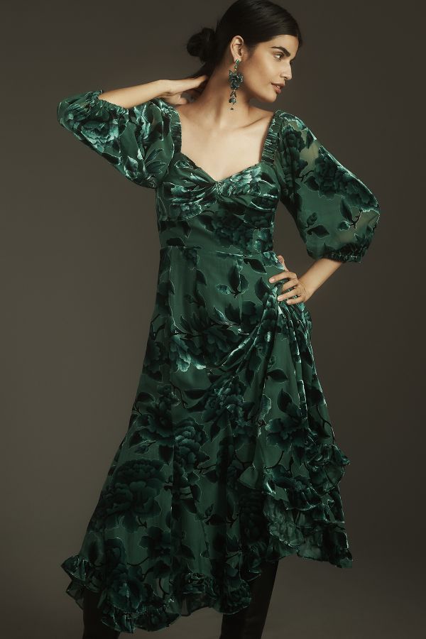 Slide View: 2: Hutch Printed Twist-Front Puff-Sleeve Velvet Dress