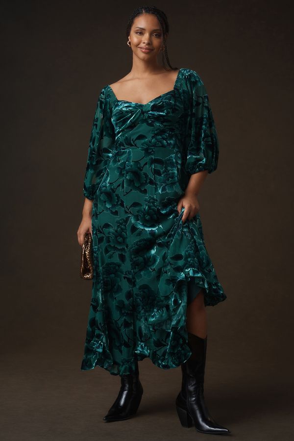 Slide View: 5: Hutch Printed Twist-Front Puff-Sleeve Velvet Dress