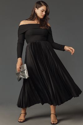 Hutch Long-Sleeve Off-The-Shoulder Pleated Maxi Dress