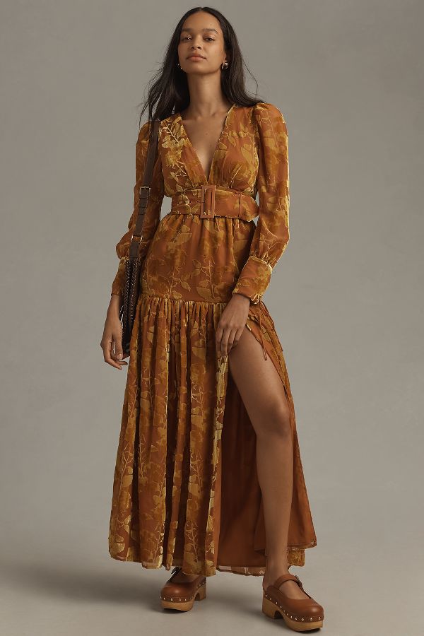 Slide View: 1: Hutch Malta Long-Sleeve V-Neck Belted Maxi Dress