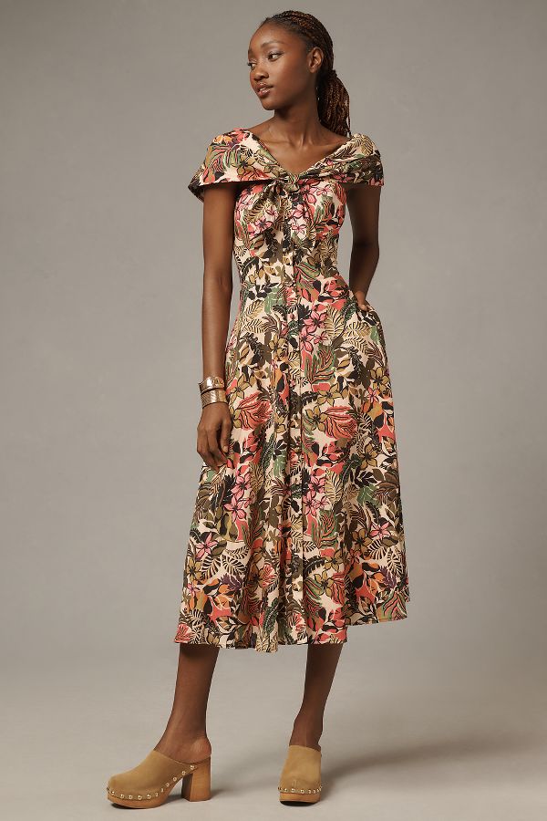 Slide View: 1: Hutch Chrissa Linen Blend Off-The-Shoulder A-Line Midi Dress