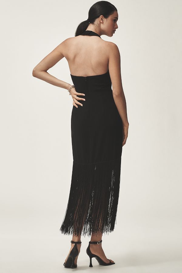 Slide View: 2: Hutch Plunge Halter Fringe Knit Midi Dress