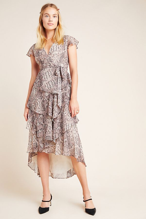 Slide View: 1: Serpentine Ruffled Midi Wrap Dress
