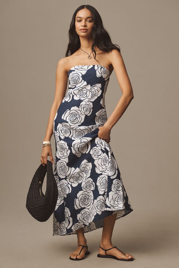 Slide View: 1: KIVARI Carmen Strapless Linen Midi Dress