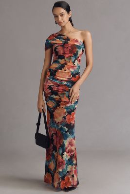 Black Halo Rosario One-Shoulder Ruched Maxi Dress