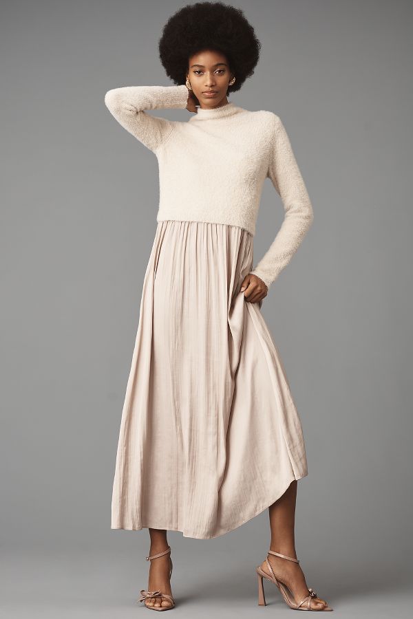 Slide View: 1: The Thea Long-Sleeve Eyelash Twofer Sweater Dress