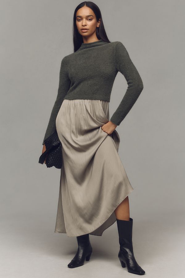 Slide View: 1: The Thea Long-Sleeve Eyelash Twofer Sweater Dress