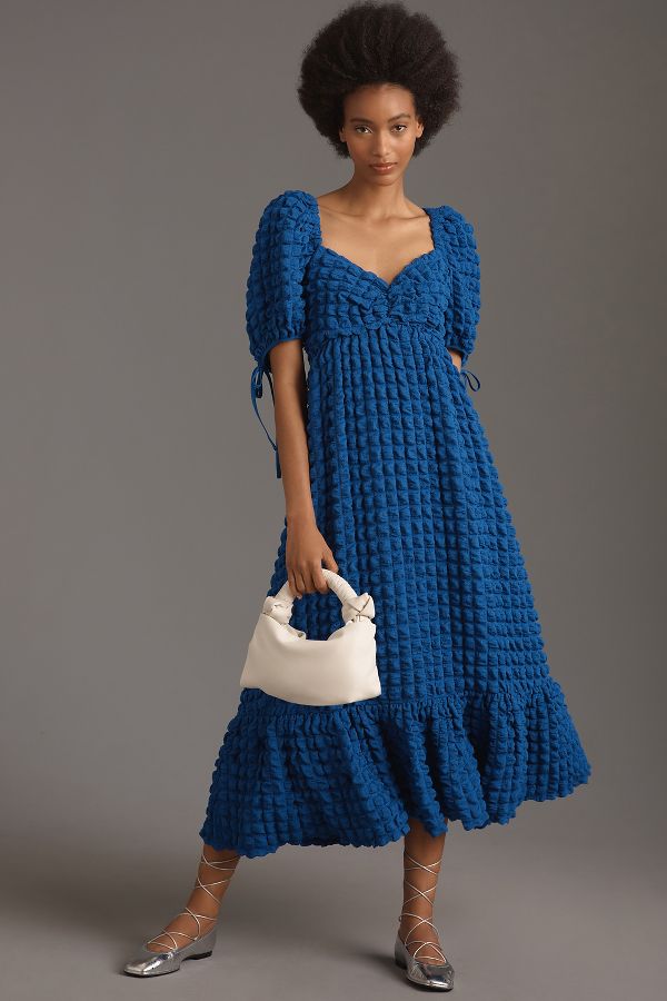 Slide View: 1: Endless Rose Puff-Sleeve Sweetheart Textured Midi Dress