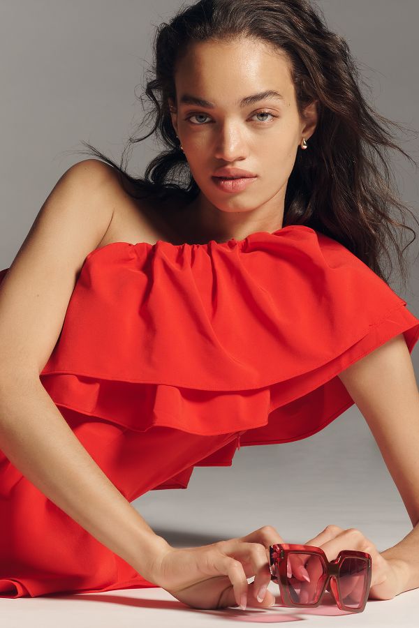 Slide View: 3: Endless Rose One-Shoulder Ruffled A-Line Midi Dress