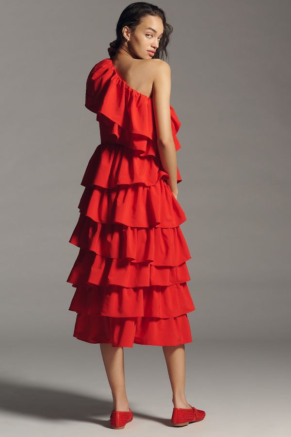 Slide View: 4: Endless Rose One-Shoulder Ruffled A-Line Midi Dress