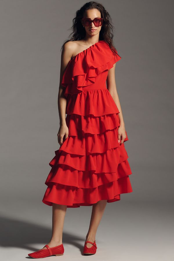 Slide View: 2: Endless Rose One-Shoulder Ruffled A-Line Midi Dress