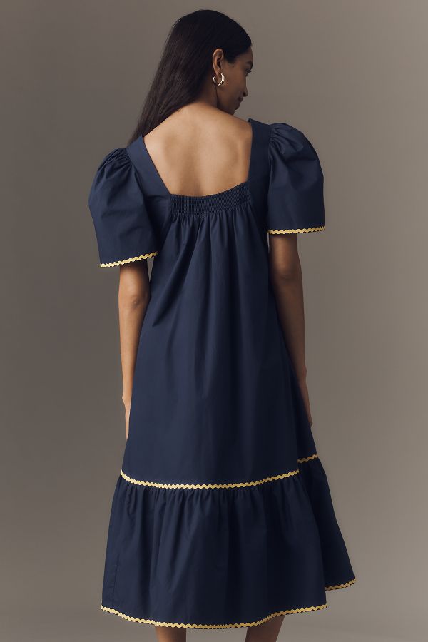 Slide View: 2: English Factory Puff-Sleeve Square-Neck Midi Dress