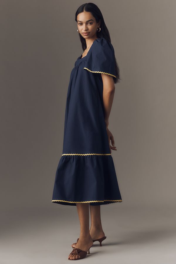 Slide View: 4: English Factory Puff-Sleeve Square-Neck Midi Dress