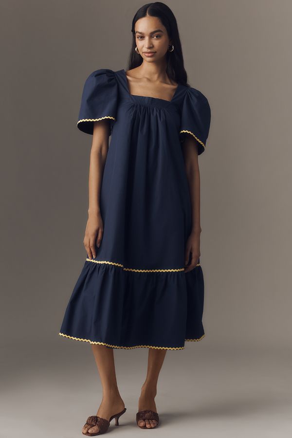 Slide View: 1: English Factory Puff-Sleeve Square-Neck Midi Dress