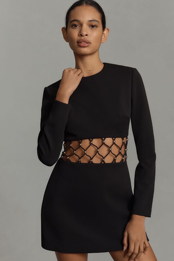 Slide View: 1: MISHA Ellie Long-Sleeve Crew-Neck Cutout Mini Dress