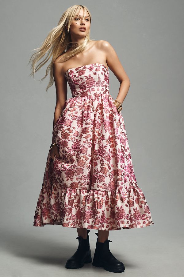 Slide View: 1: Mac Duggal Strapless Brocade Midi Dress