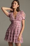 Thumbnail View 5: Mac Duggal Short-Sleeve V-Neck Ruffled Tulle Mini Dress