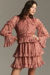 Thumbnail View 4: Mac Duggal Long-Sleeve Mock-Neck Ruffled Chiffon Mini Dress