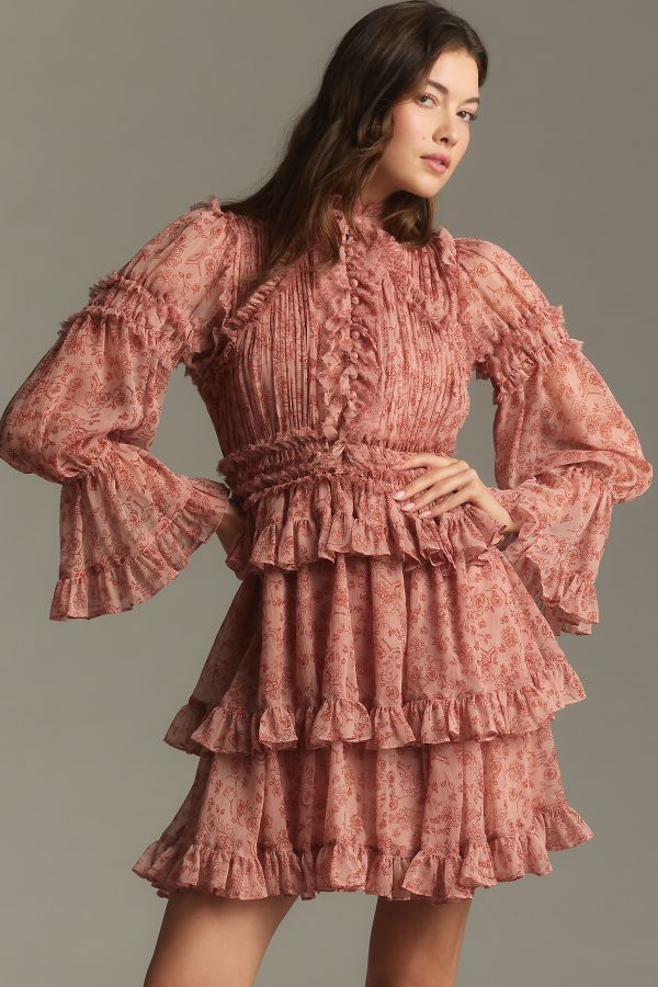 Slide View: 4: Mac Duggal Long-Sleeve Mock-Neck Ruffled Chiffon Mini Dress