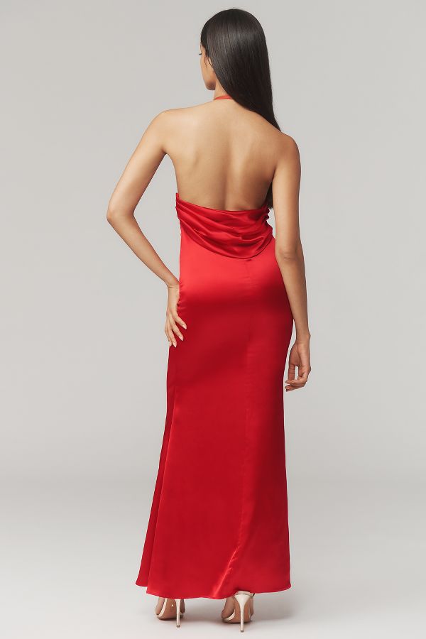 Slide View: 3: Mac Duggal Halter Rosette Satin Maxi Dress