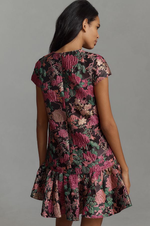 Slide View: 2: Mac Duggal Short-Sleeve Jacquard Ruffled Mini Dress