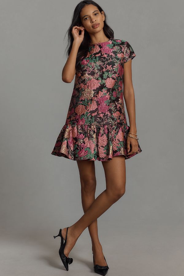 Slide View: 4: Mac Duggal Short-Sleeve Jacquard Ruffled Mini Dress