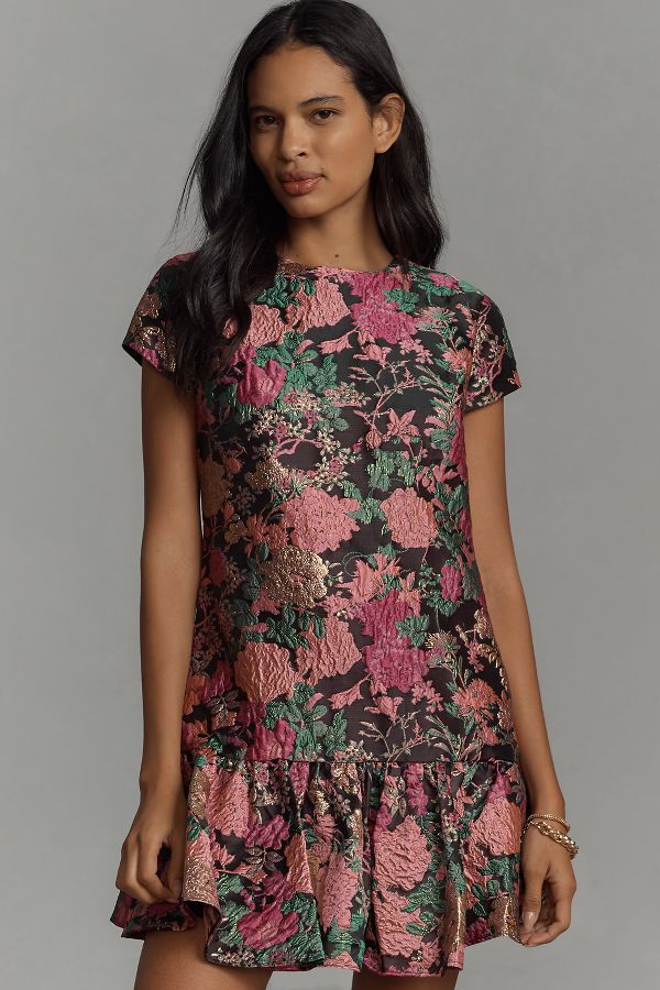 Slide View: 1: Mac Duggal Short-Sleeve Jacquard Ruffled Mini Dress