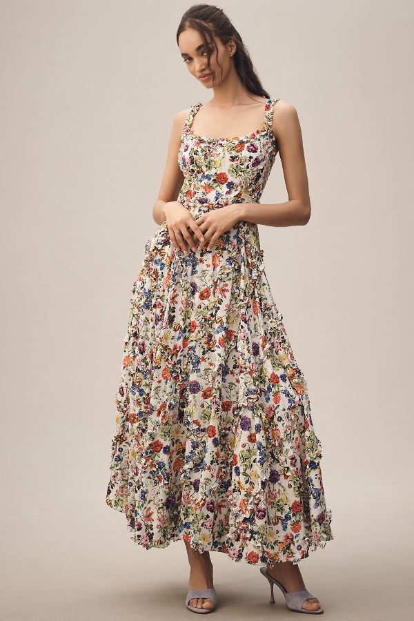 Slide View: 4: Mac Duggal Square-Neck 3D Floral Tiered Maxi Dress