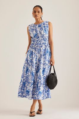 Von Anthropologie Ärmellos Popeline Gerafftes Midi Kleid