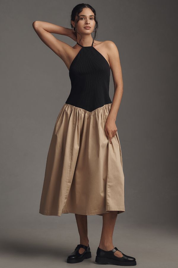 Slide View: 1: Maeve Halter Basque-Waist Twofer Midi Dress