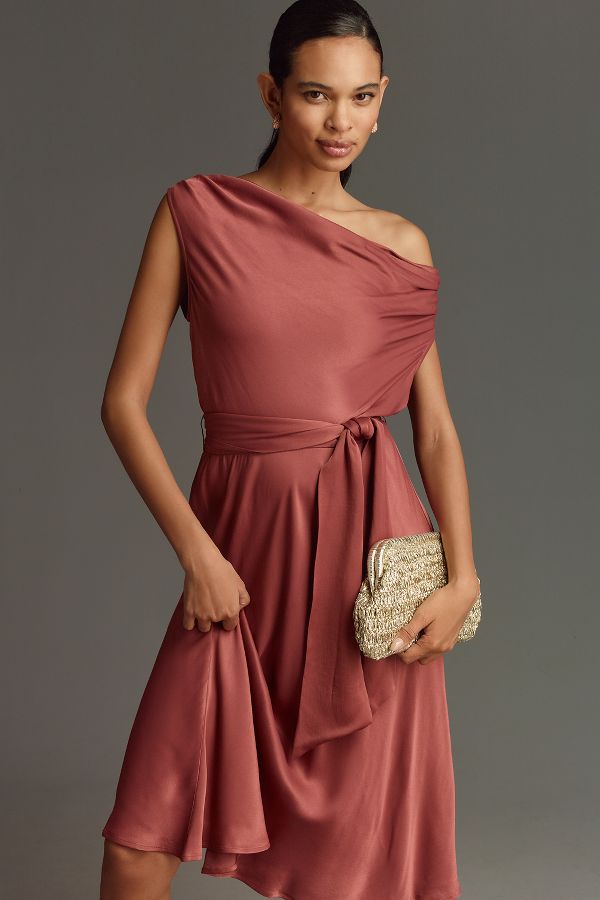 Slide View: 4: Maeve Asymmetrical Tie-Waist Satin Midi Dress