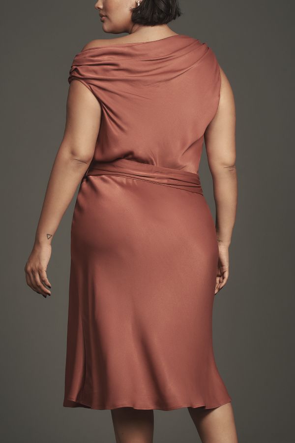 Slide View: 7: Maeve Asymmetrical Tie-Waist Satin Midi Dress