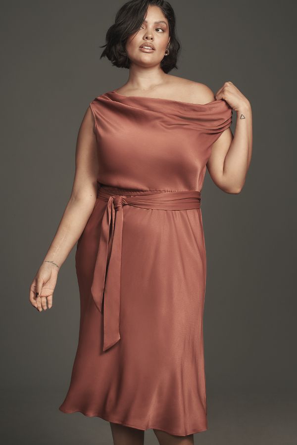 Slide View: 8: Maeve Asymmetrical Tie-Waist Satin Midi Dress