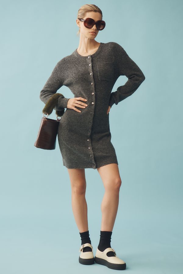 Slide View: 3: Mare Mare Long-Sleeve Button-Front Sweater Mini Dress