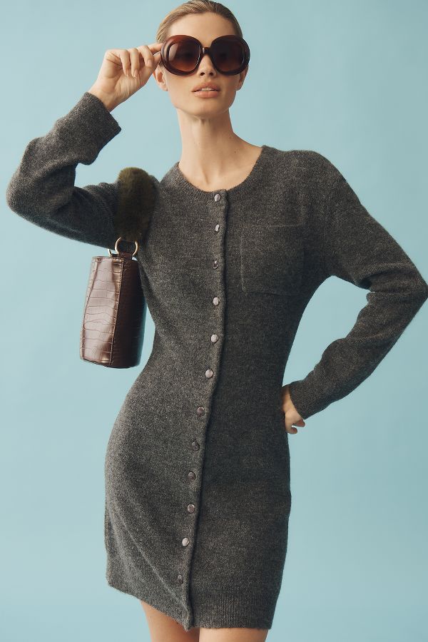 Slide View: 1: Mare Mare Long-Sleeve Button-Front Sweater Mini Dress