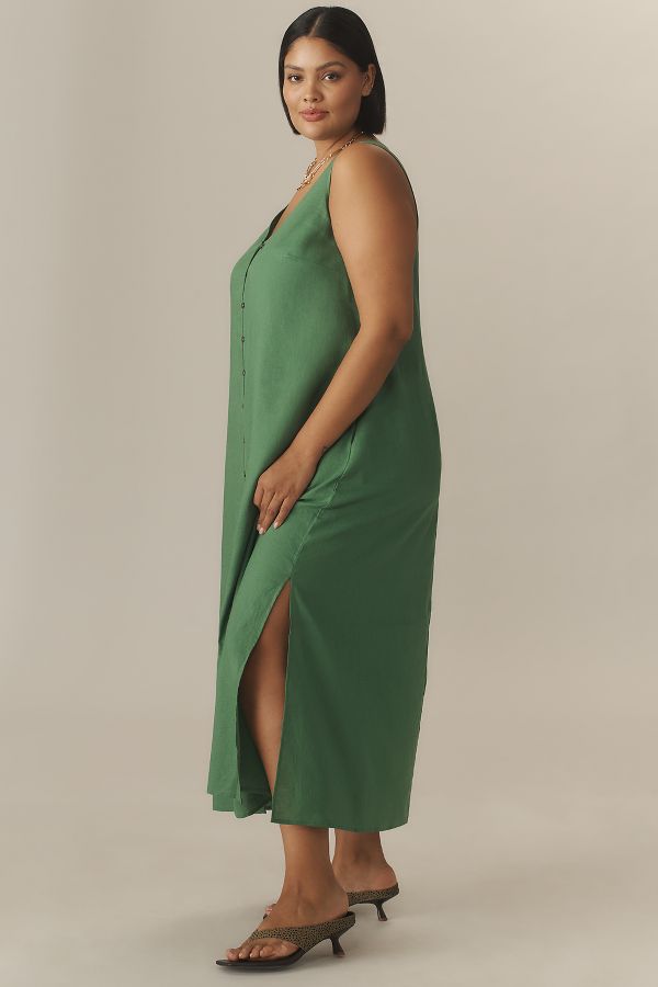 Slide View: 4: Universal Standard Plus Islet Button-Front Linen Blend Midi Dress