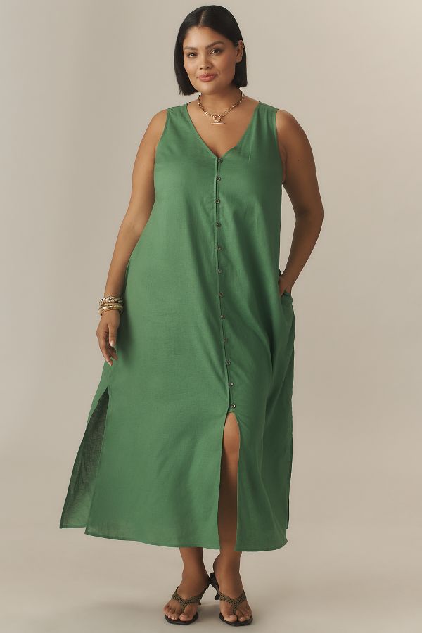 Slide View: 1: Universal Standard Plus Islet Button-Front Linen Blend Midi Dress