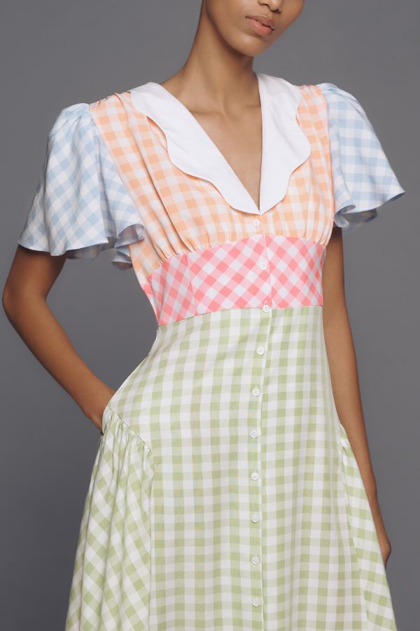 Vista diapositiva: 3: Celia B Tabi Vestito Midi Gingham Manica Corta Scollo a V