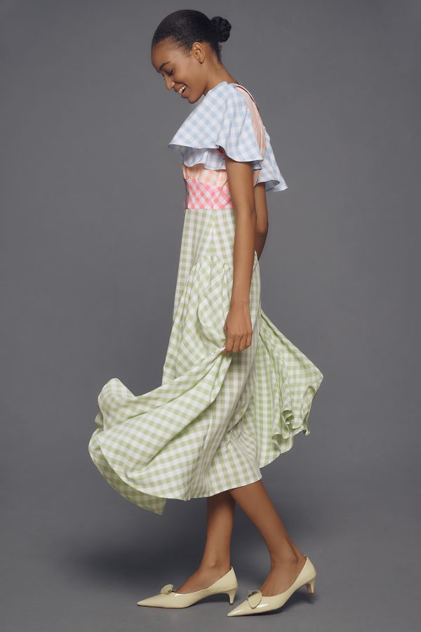 Vista diapositiva: 4: Celia B Tabi Vestito Midi Gingham Manica Corta Scollo a V