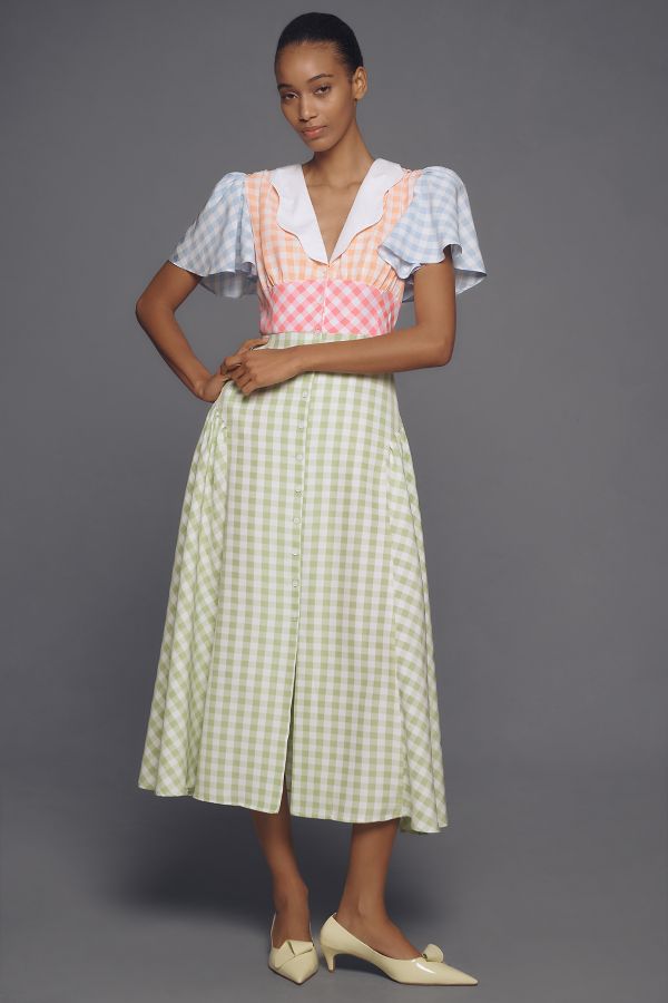 Vista diapositiva: 1: Celia B Tabi Vestito Midi Gingham Manica Corta Scollo a V