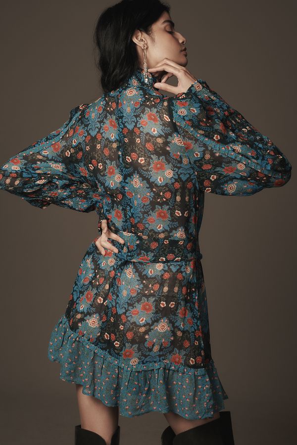 Slide View: 2: Farm Rio Arabesque Floral Long-Sleeve High-Neck Mini Dress