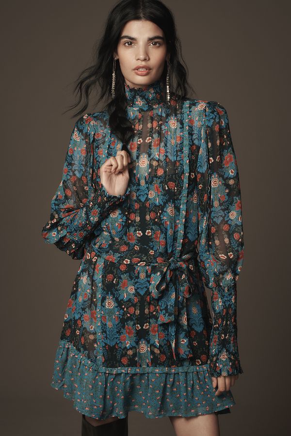 Slide View: 1: Farm Rio Arabesque Floral Long-Sleeve High-Neck Mini Dress