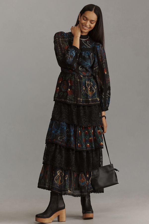 Slide View: 1: Farm Rio Long-Sleeve Mock-Neck A-Line Maxi Dress