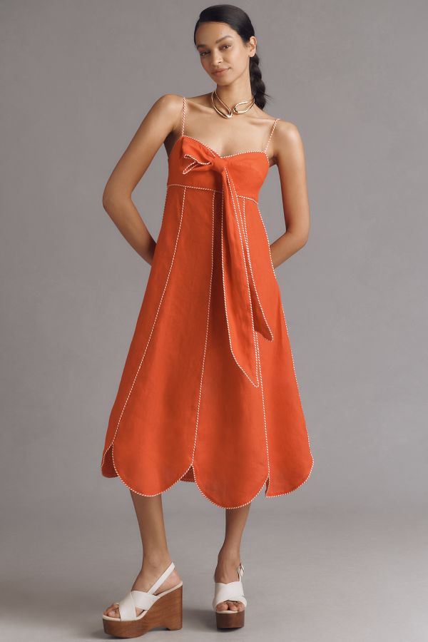 Slide View: 1: Farm Rio Bow Scalloped Linen Midi Dress