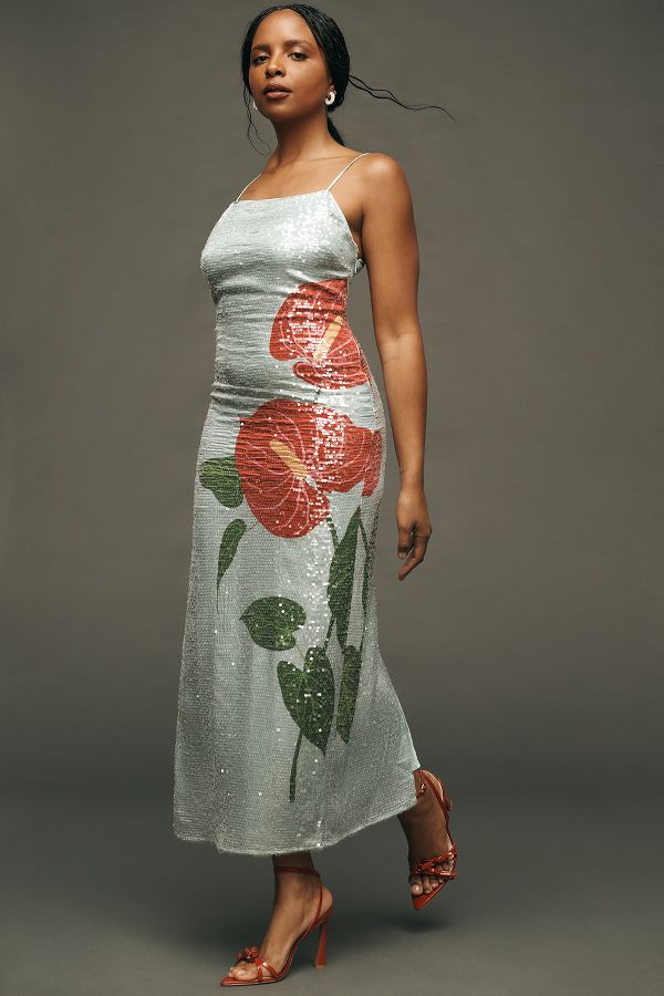 Slide View: 1: Farm Rio Sequin Blue Anthurium Flowers Midi Slip Dress