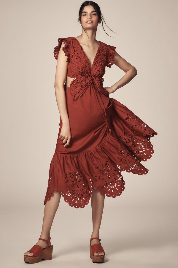 Slide View: 1: Farm Rio Red Butterfly Flutter-Sleeve Midi Dress